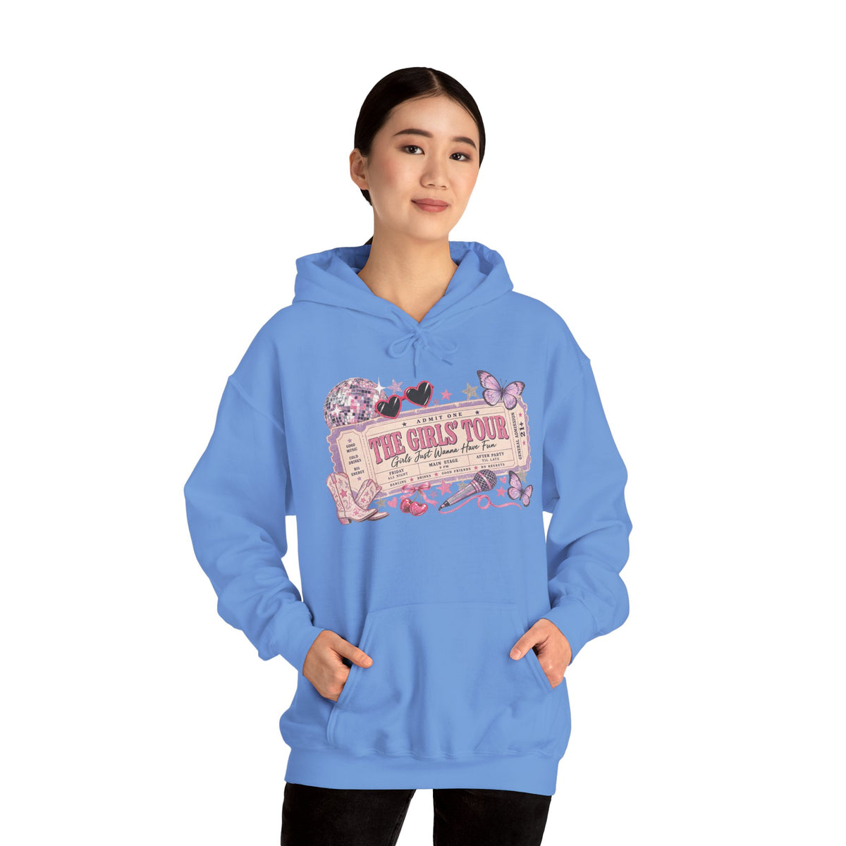 The Girls Just Wanna Have Fun Tour Ticket Graphic Hoodie | Butterfly Floral Ticket Sweatshirt