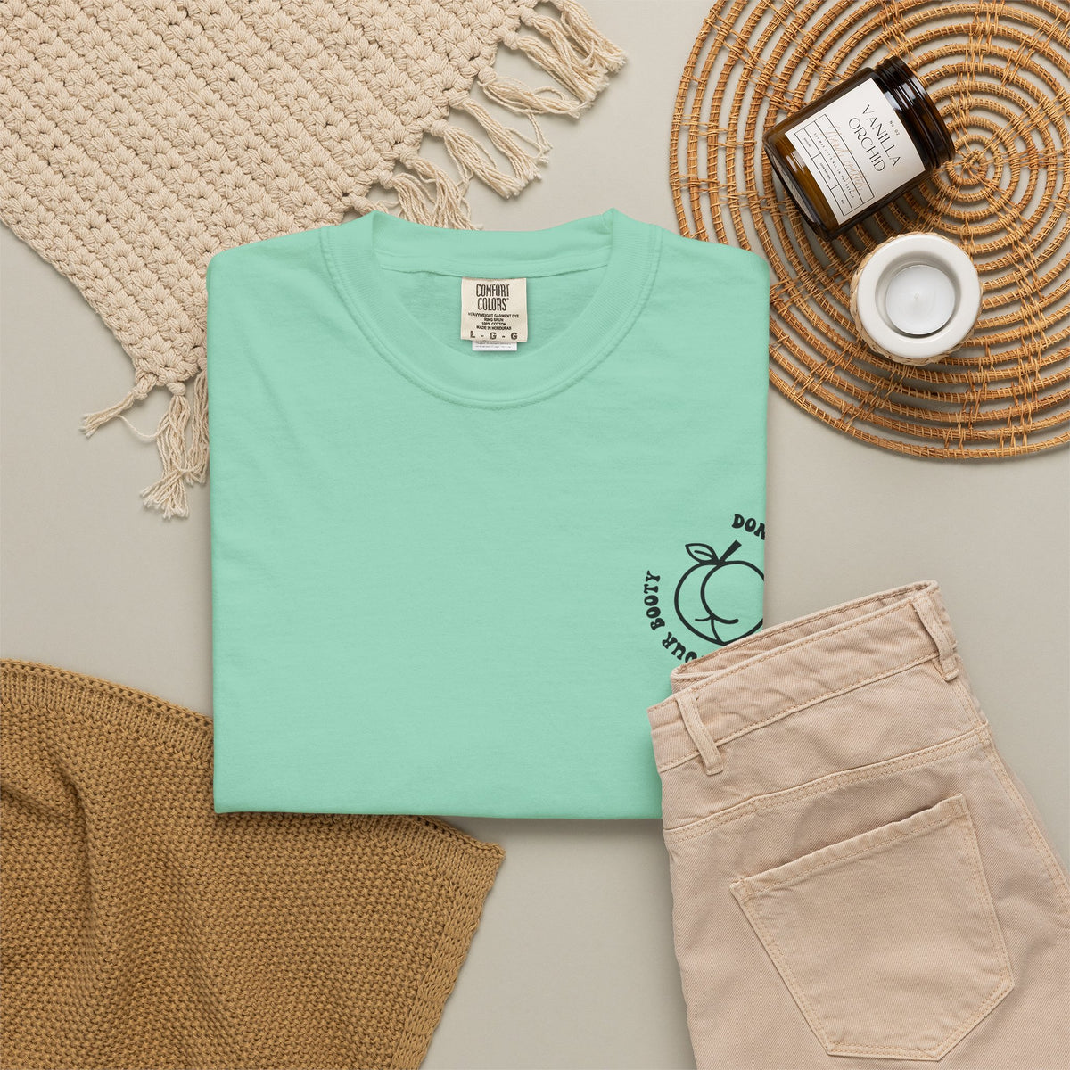 Don't Be Moody Grow Ya Booty T-Shirt | Funny Retro Script, Chest Peach Logo I