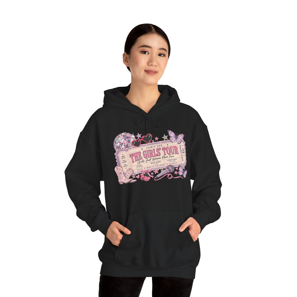 The Girls Just Wanna Have Fun Tour Ticket Graphic Hoodie | Butterfly Floral Ticket Sweatshirt