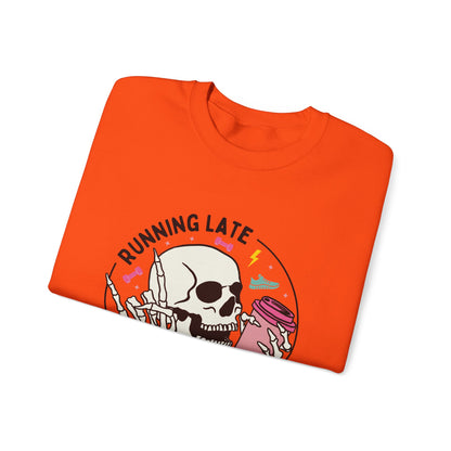 Running Late Is My Cardio sweatshirt | Skull Coffee Cup Illustration