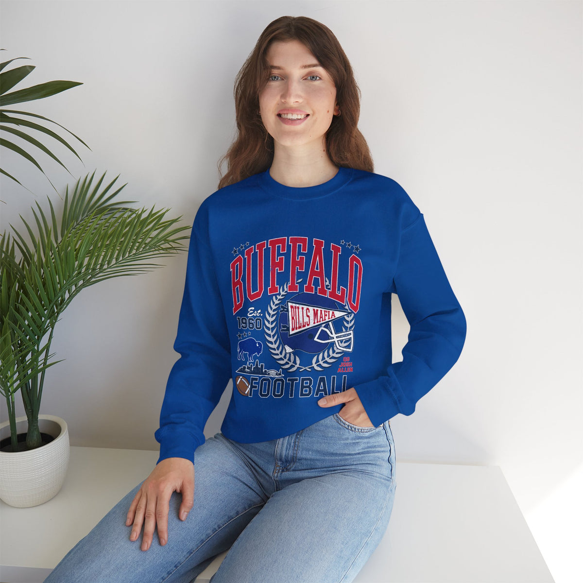 Buffalo Football Helmet Vintage Graphic Sweatshirt | 1960 Bills Logo I Gildan Crewneck Unisex