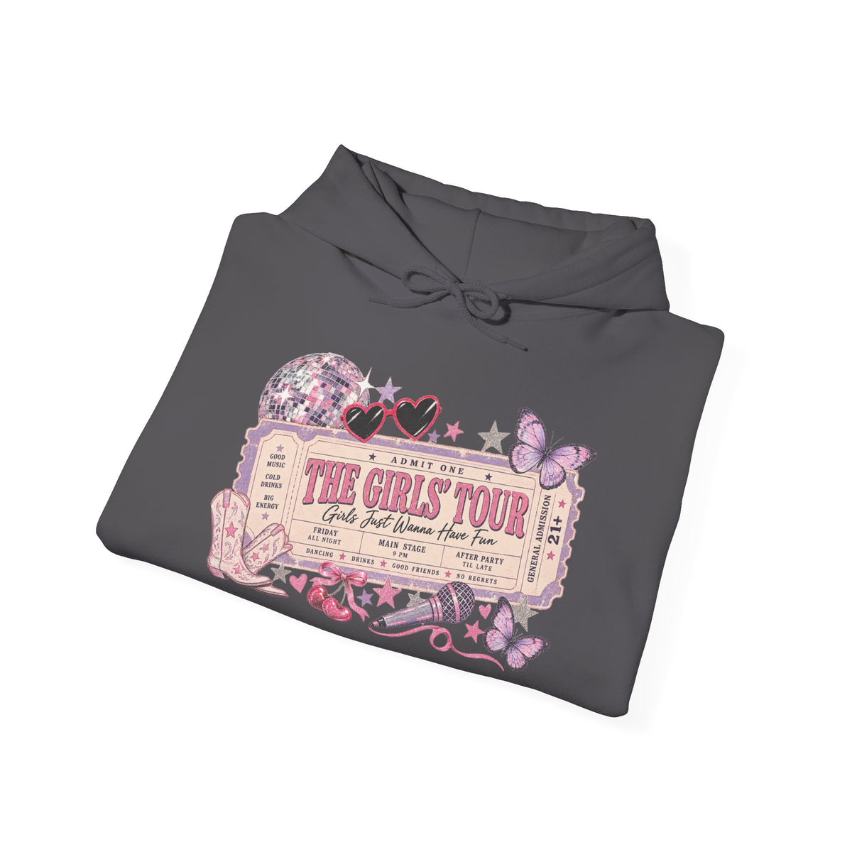 The Girls Just Wanna Have Fun Tour Ticket Graphic Hoodie | Butterfly Floral Ticket Sweatshirt
