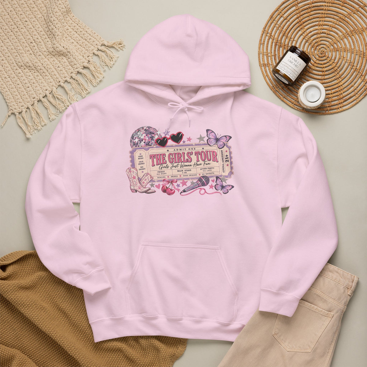 The Girls Just Wanna Have Fun Tour Ticket Graphic Hoodie | Butterfly Floral Ticket Sweatshirt