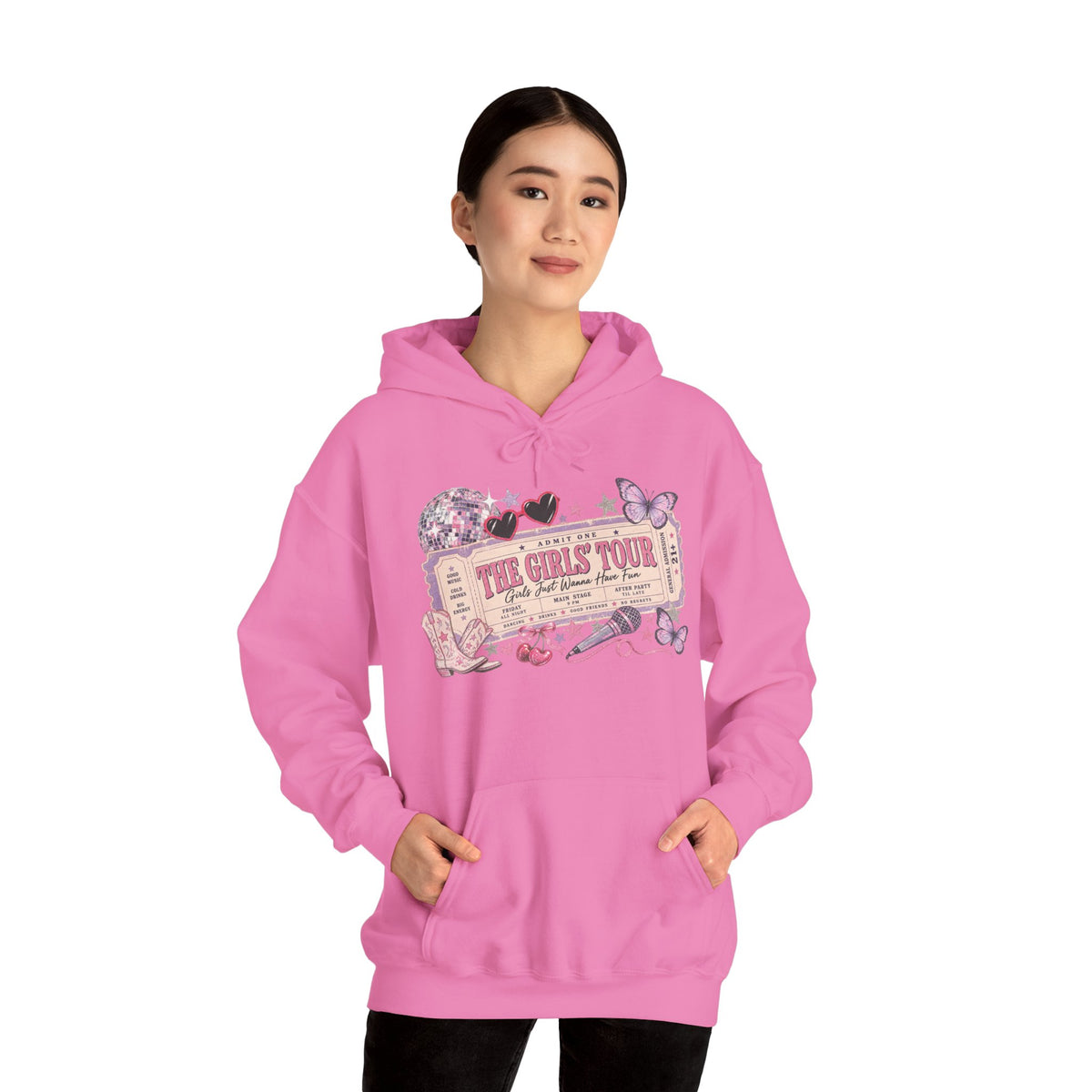 The Girls Just Wanna Have Fun Tour Ticket Graphic Hoodie | Butterfly Floral Ticket Sweatshirt