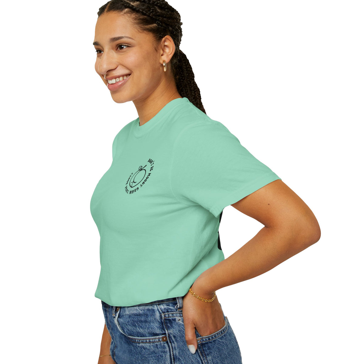Don't Be Moody Grow Ya Booty T-Shirt | Funny Retro Script, Chest Peach Logo I