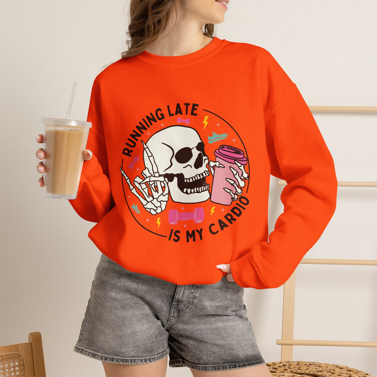 Running Late Is My Cardio sweatshirt | Skull Coffee Cup Illustration