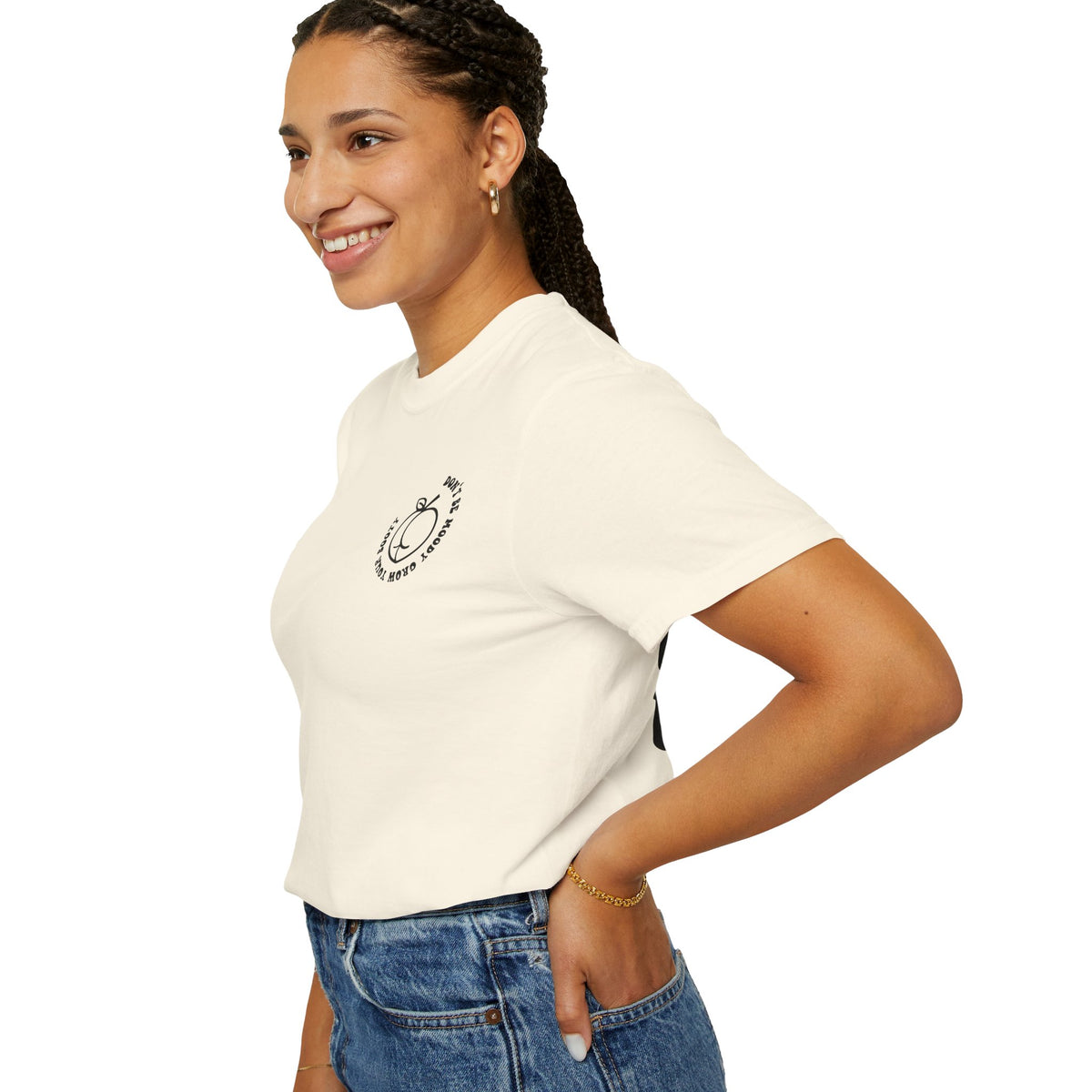 Don't Be Moody Grow Ya Booty T-Shirt | Funny Retro Script, Chest Peach Logo I