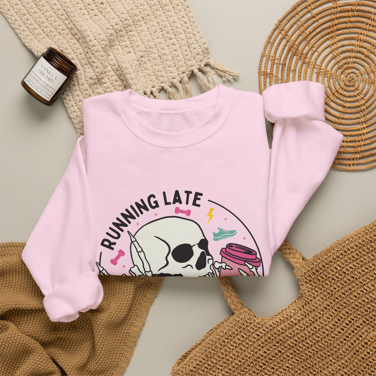 Running Late Is My Cardio sweatshirt | Skull Coffee Cup Illustration