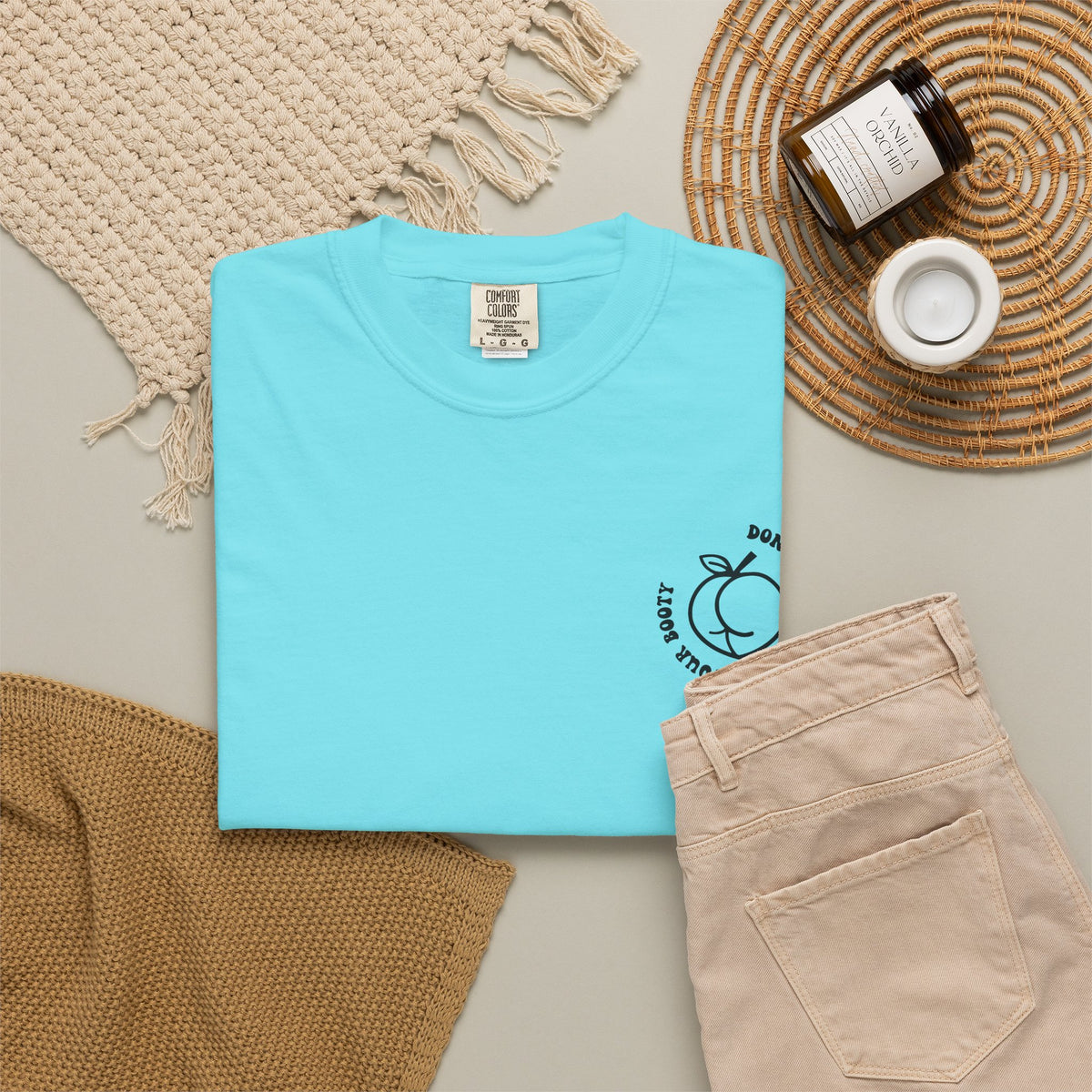 Don't Be Moody Grow Ya Booty T-Shirt | Funny Retro Script, Chest Peach Logo I