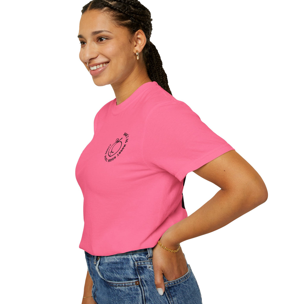Don't Be Moody Grow Ya Booty T-Shirt | Funny Retro Script, Chest Peach Logo I