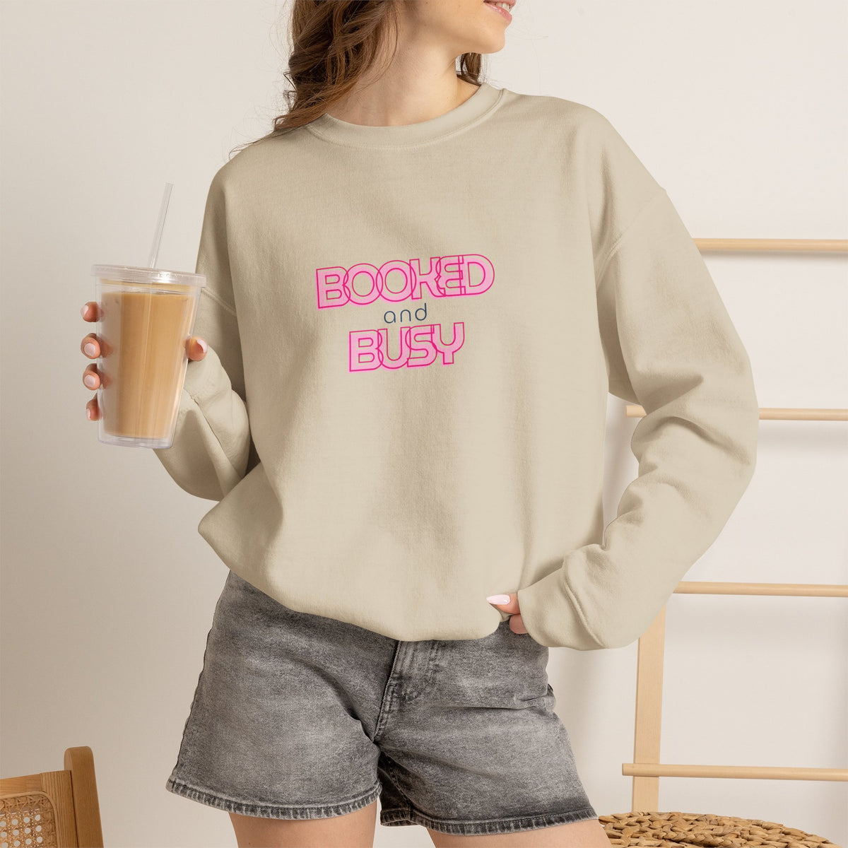 Booked and Busy Pink Crewneck Sweatshirt I Boss Babe Unbothered Funny Powerful Sweatshirt