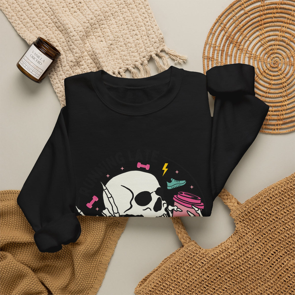 Running Late Is My Cardio sweatshirt | Skull Coffee Cup Illustration