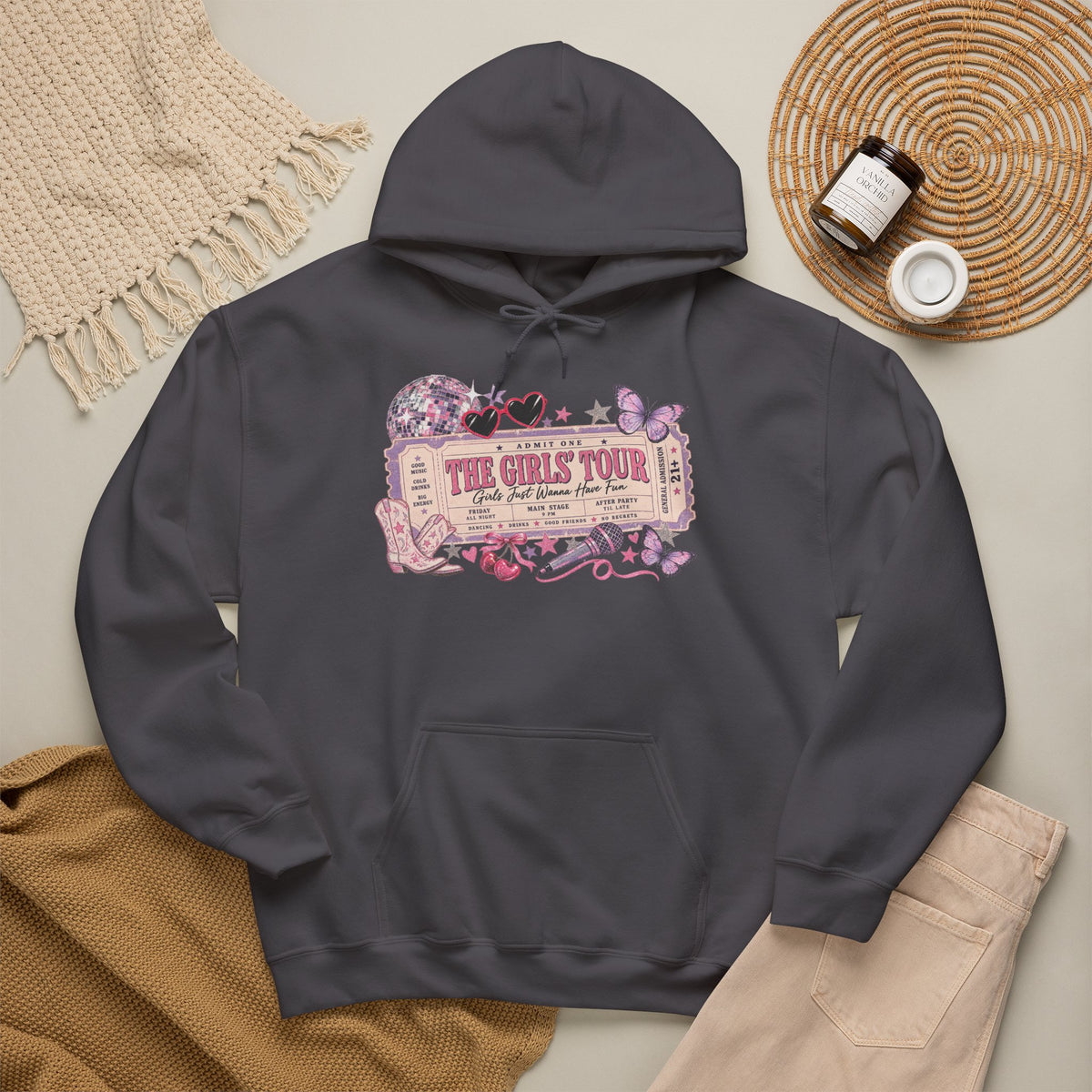 The Girls Just Wanna Have Fun Tour Ticket Graphic Hoodie | Butterfly Floral Ticket Sweatshirt