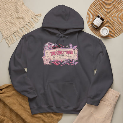 The Girls Just Wanna Have Fun Tour Ticket Graphic Hoodie | Butterfly Floral Ticket Sweatshirt