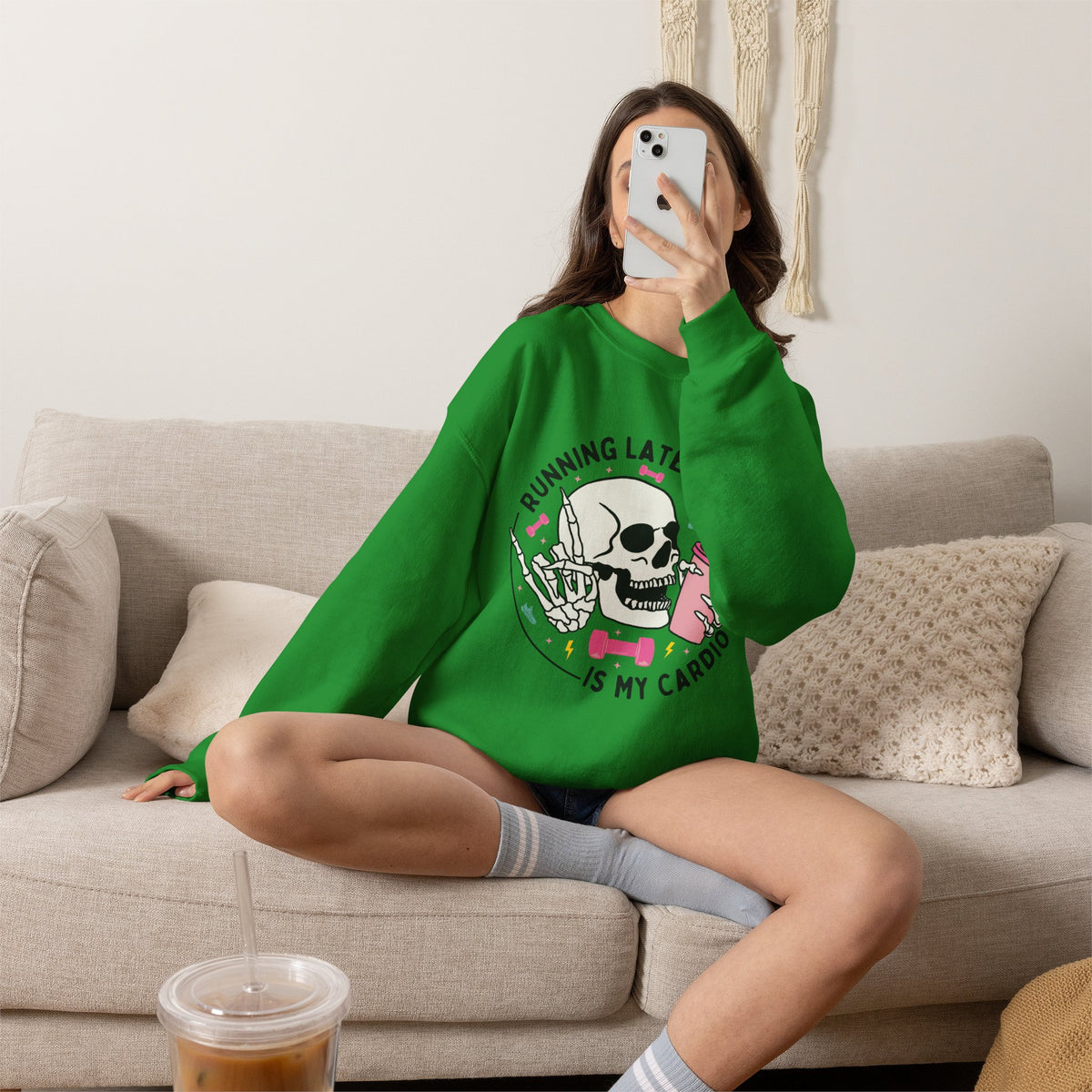 Running Late Is My Cardio sweatshirt | Skull Coffee Cup Illustration
