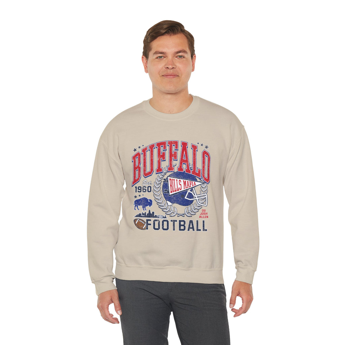 Buffalo Football Helmet Vintage Graphic Sweatshirt | 1960 Bills Logo I Gildan Crewneck Unisex