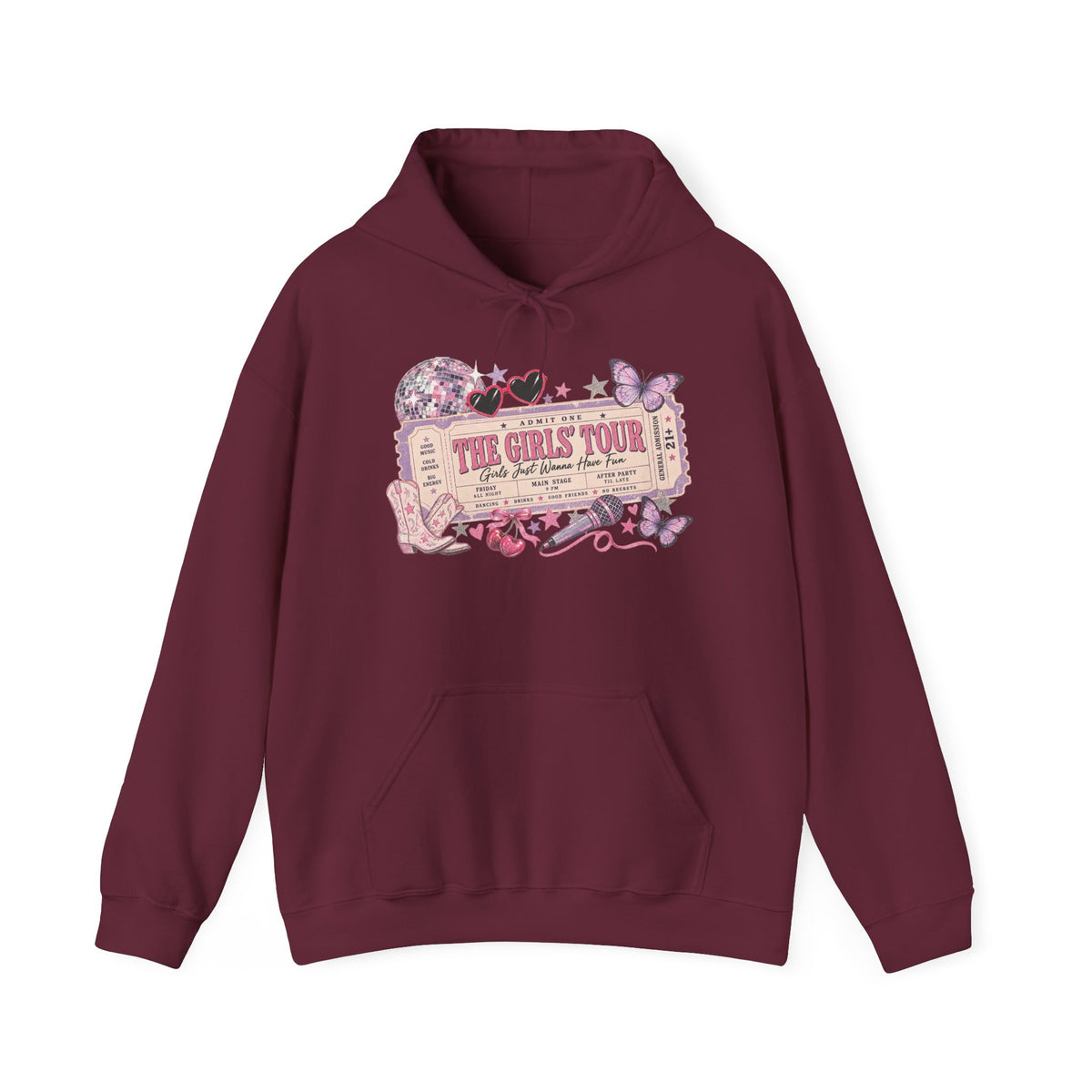 The Girls Just Wanna Have Fun Tour Ticket Graphic Hoodie | Butterfly Floral Ticket Sweatshirt