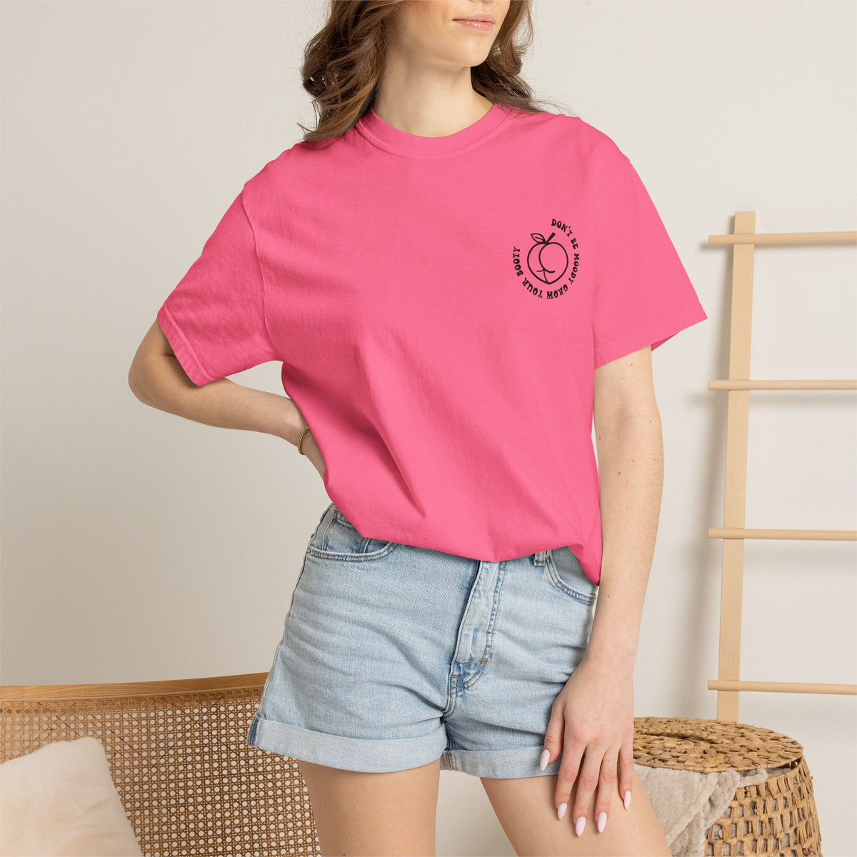Don't Be Moody Grow Ya Booty T-Shirt | Funny Retro Script, Chest Peach Logo I