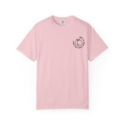 Don't Be Moody Grow Ya Booty T-Shirt | Funny Retro Script, Chest Peach Logo I