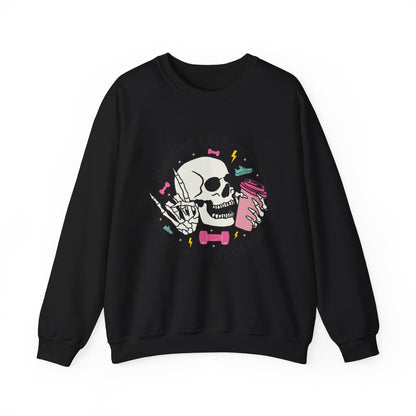 Running Late Is My Cardio sweatshirt | Skull Coffee Cup Illustration