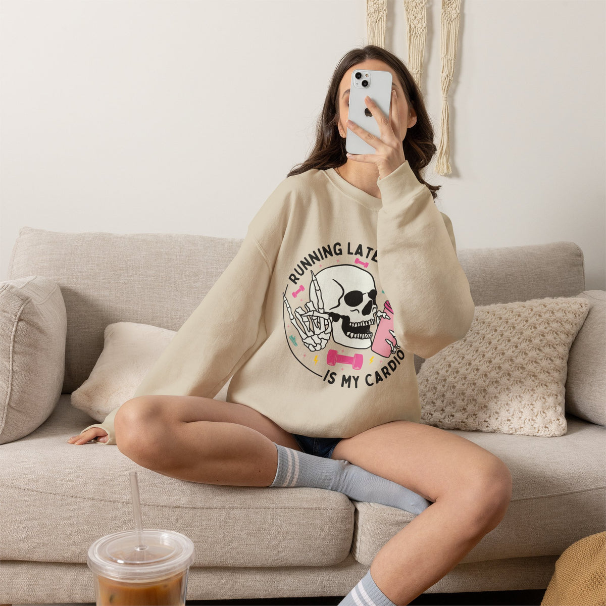 Running Late Is My Cardio sweatshirt | Skull Coffee Cup Illustration