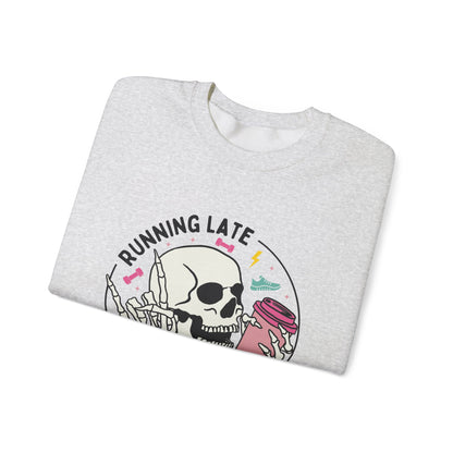 Running Late Is My Cardio sweatshirt | Skull Coffee Cup Illustration