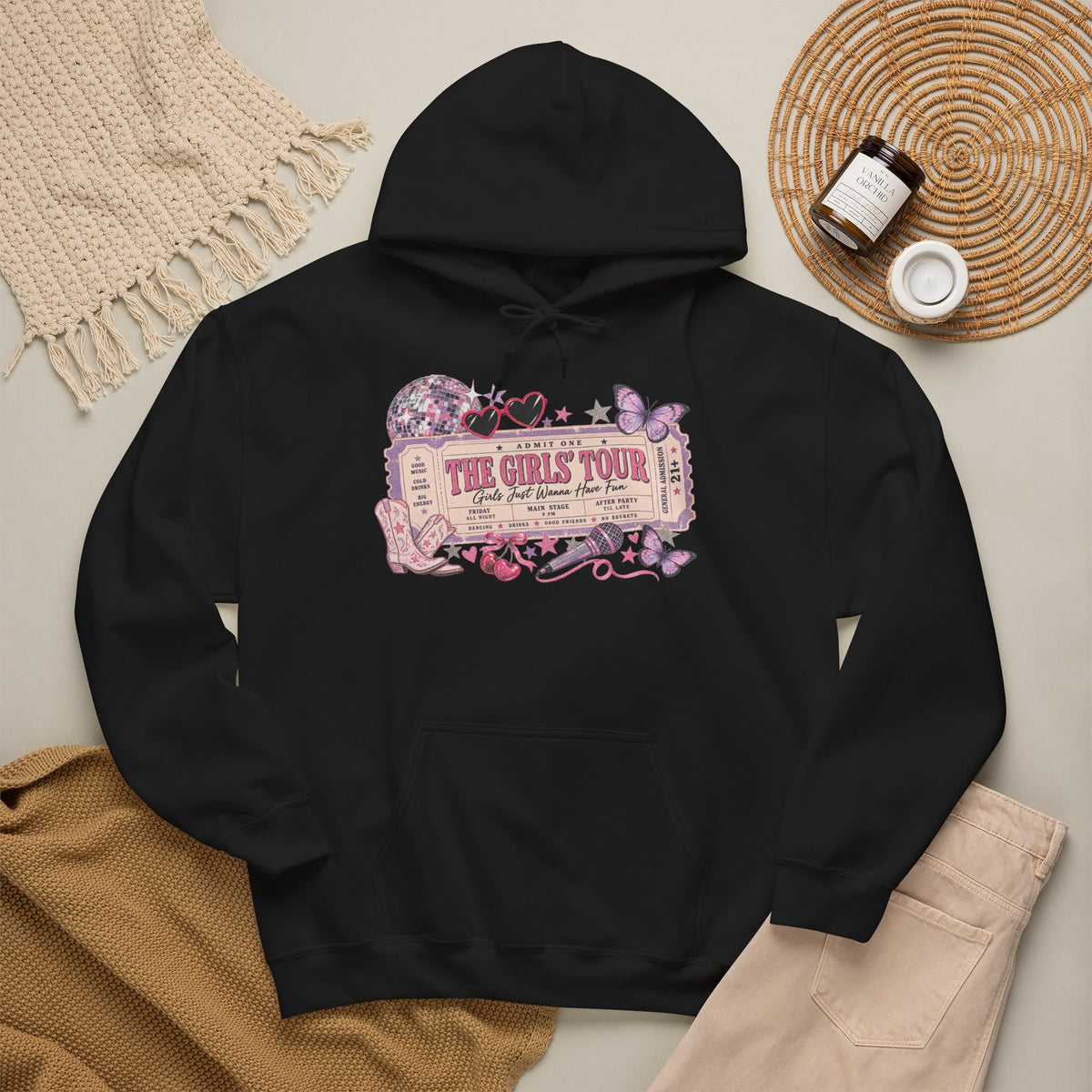 The Girls Just Wanna Have Fun Tour Ticket Graphic Hoodie | Butterfly Floral Ticket Sweatshirt