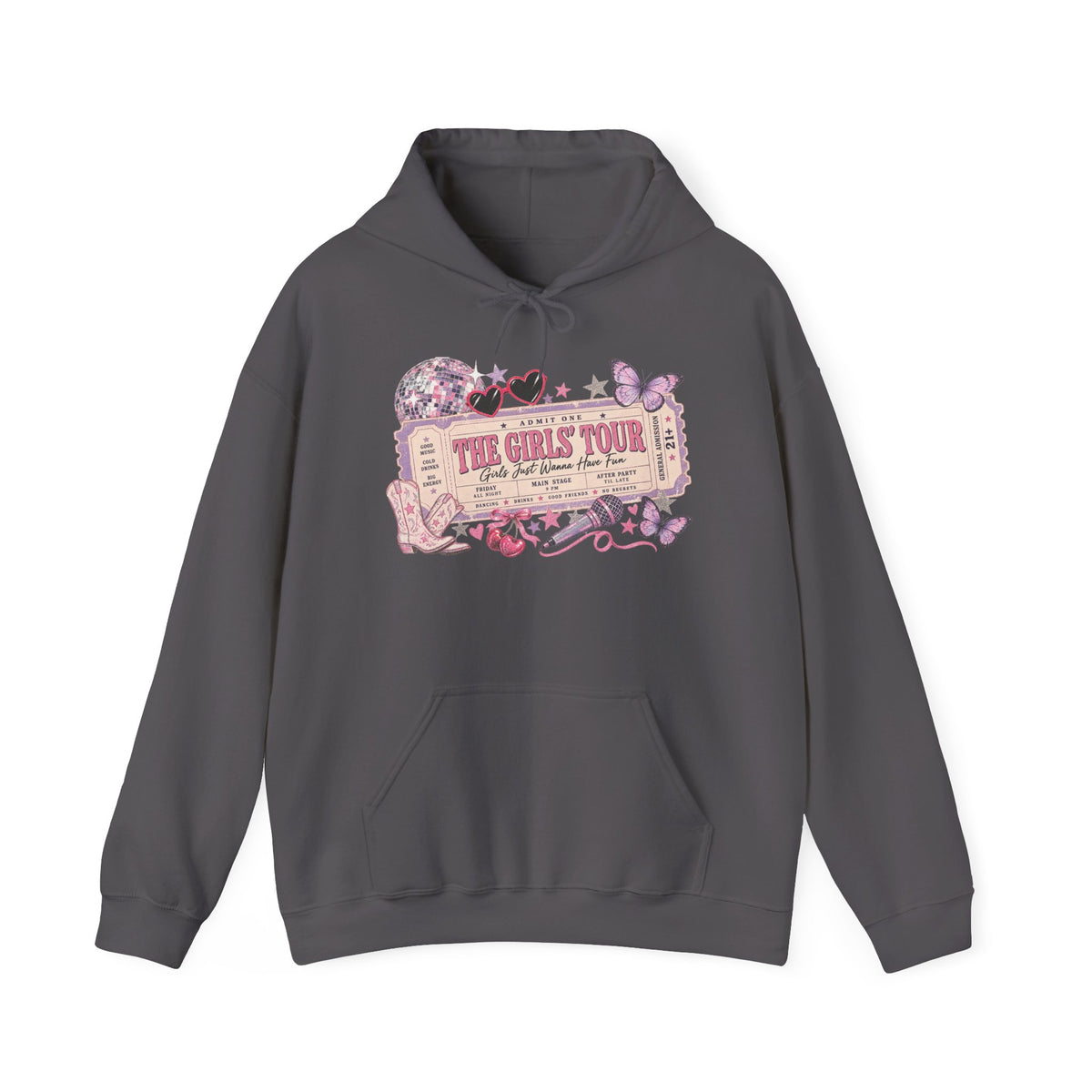 The Girls Just Wanna Have Fun Tour Ticket Graphic Hoodie | Butterfly Floral Ticket Sweatshirt