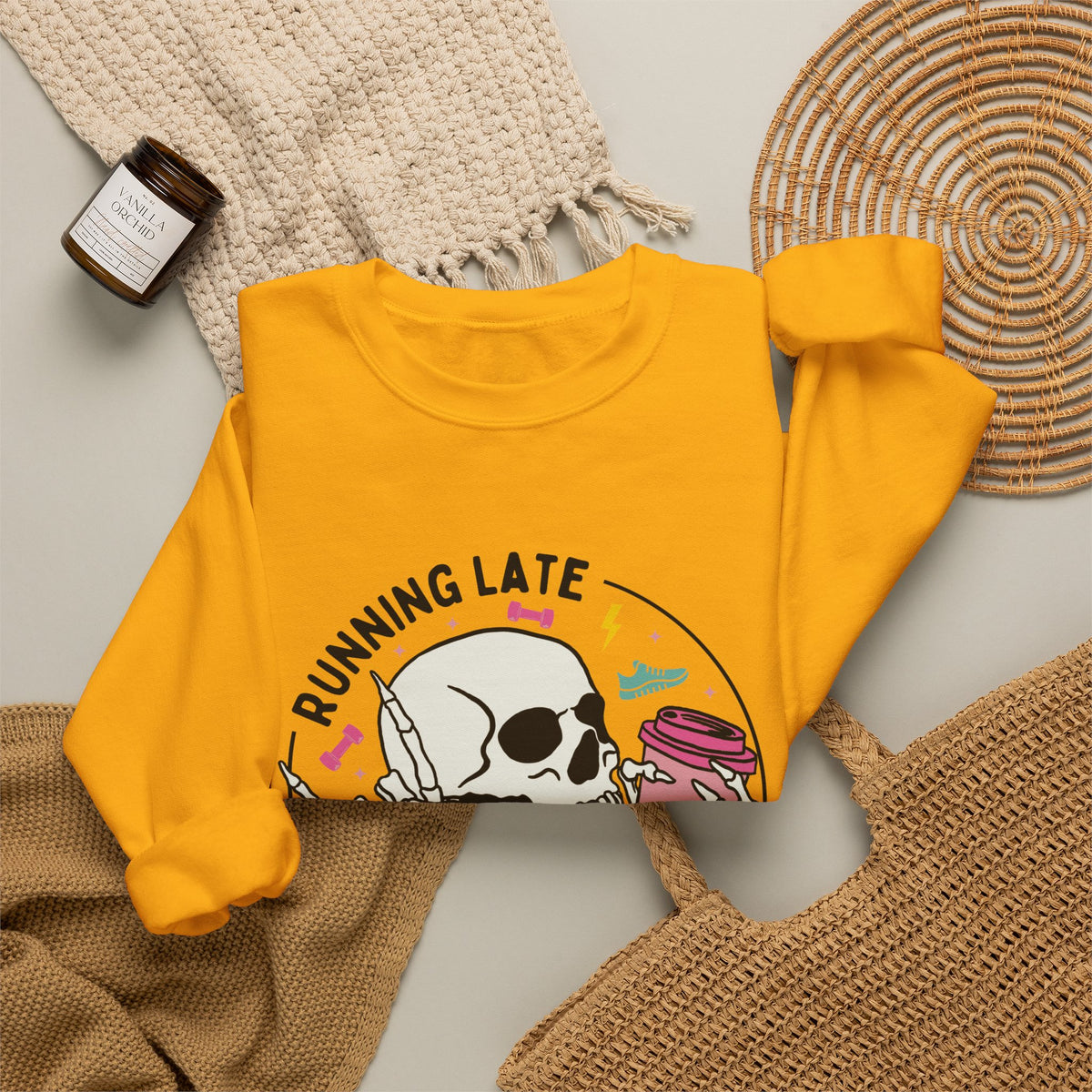 Running Late Is My Cardio sweatshirt | Skull Coffee Cup Illustration