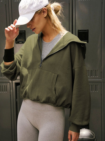 LE The Liv Half Zip Pocketed Dropped Shoulder Hoodie