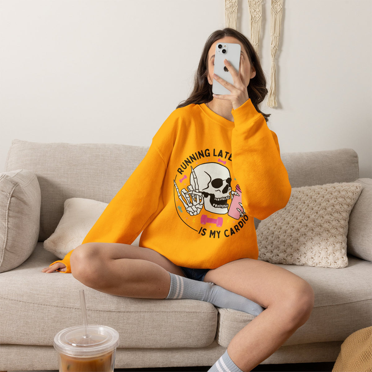 Running Late Is My Cardio sweatshirt | Skull Coffee Cup Illustration