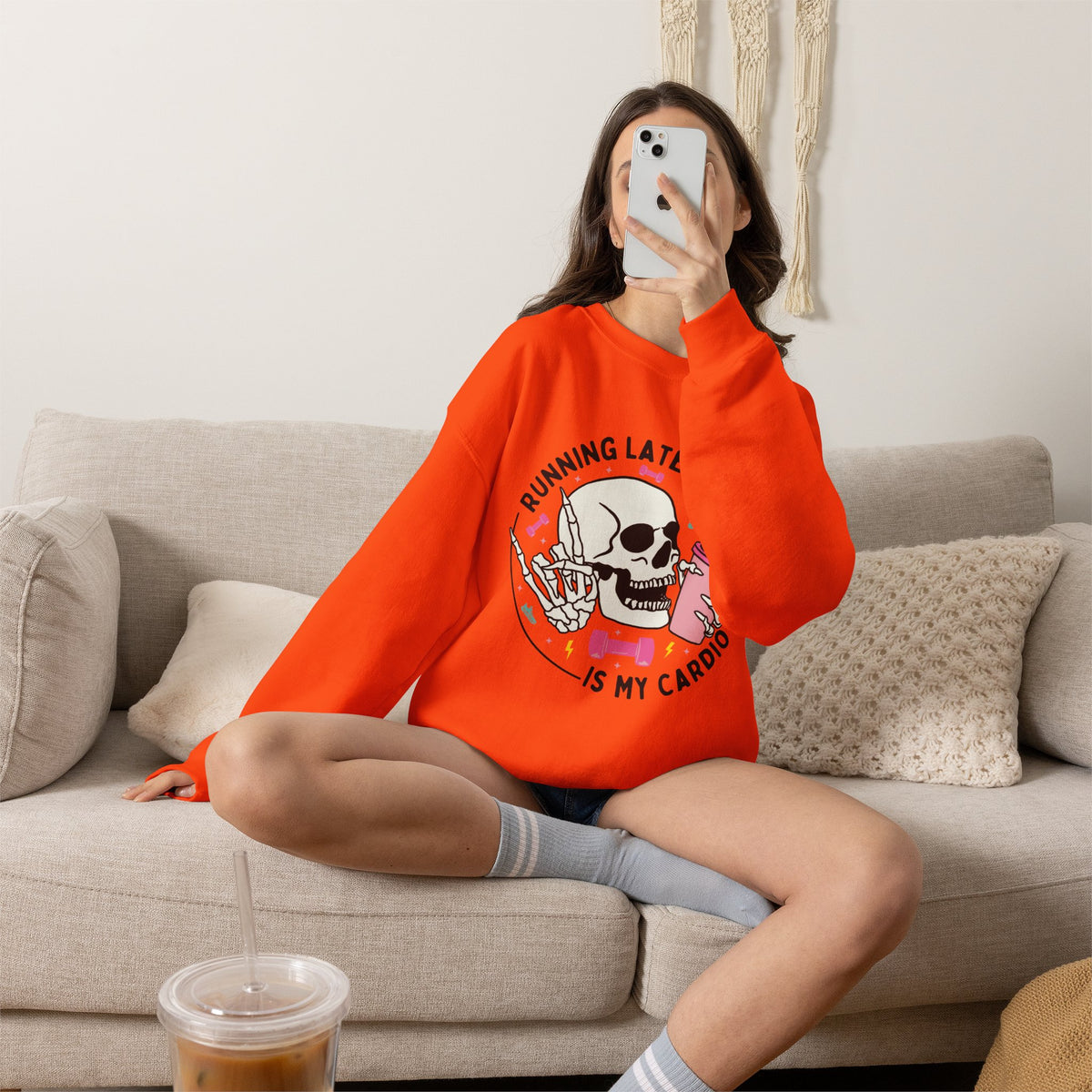 Running Late Is My Cardio sweatshirt | Skull Coffee Cup Illustration