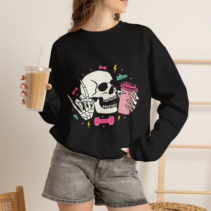 Running Late Is My Cardio sweatshirt | Skull Coffee Cup Illustration