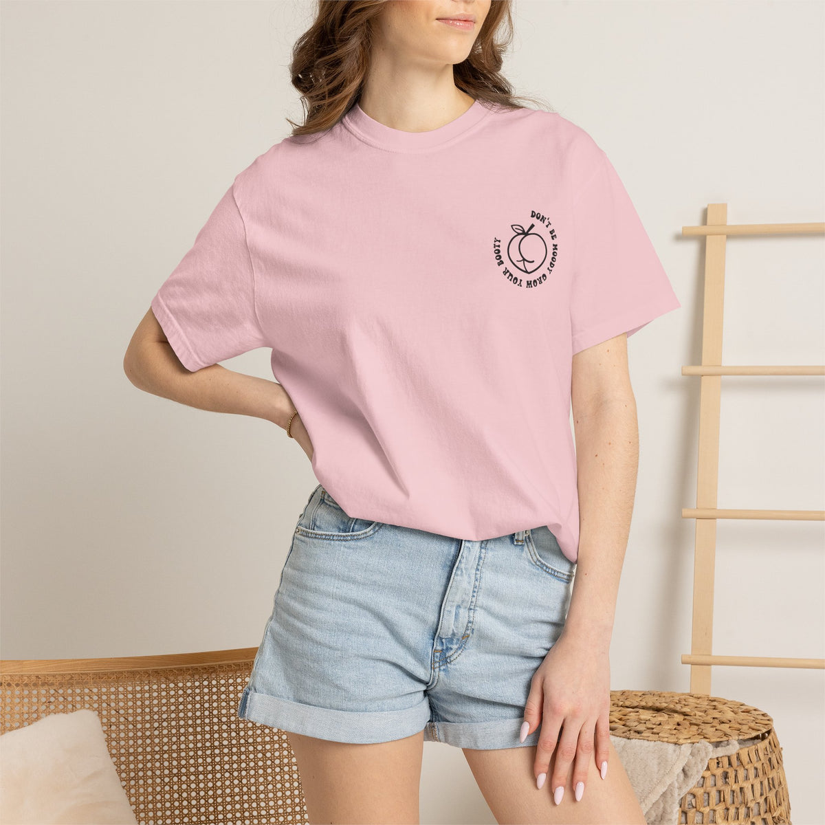 Don't Be Moody Grow Ya Booty T-Shirt | Funny Retro Script, Chest Peach Logo I
