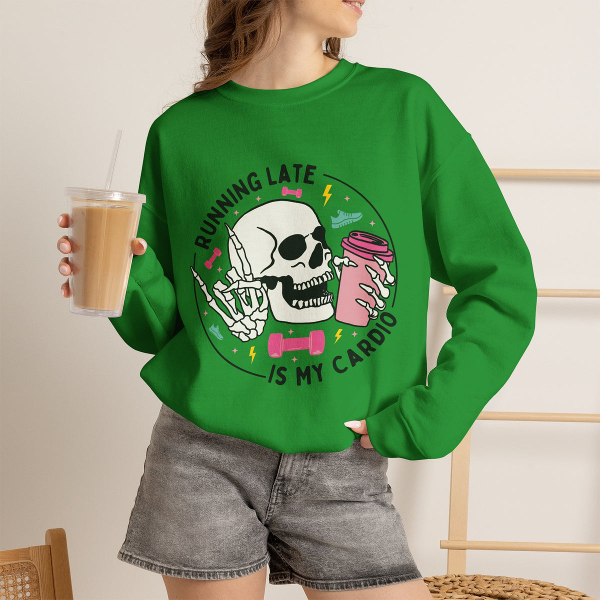 Running Late Is My Cardio sweatshirt | Skull Coffee Cup Illustration