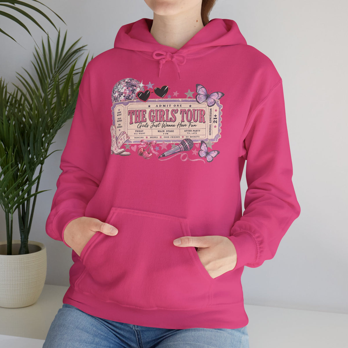 The Girls Just Wanna Have Fun Tour Ticket Graphic Hoodie | Butterfly Floral Ticket Sweatshirt