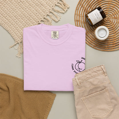 Don't Be Moody Grow Ya Booty T-Shirt | Funny Retro Script, Chest Peach Logo I