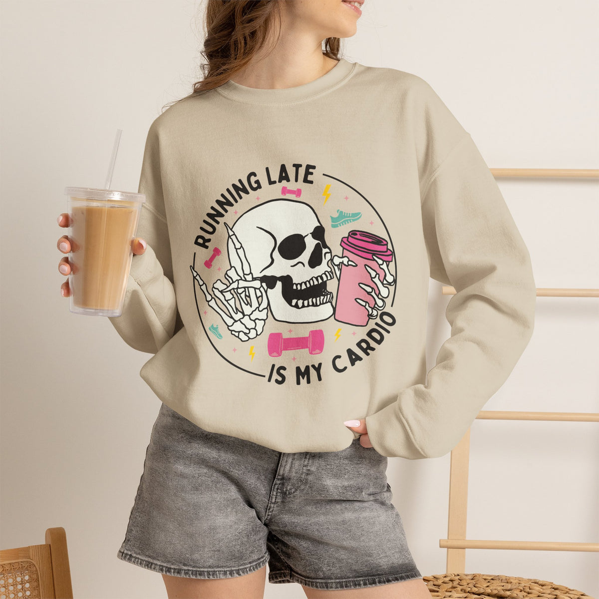 Running Late Is My Cardio sweatshirt | Skull Coffee Cup Illustration