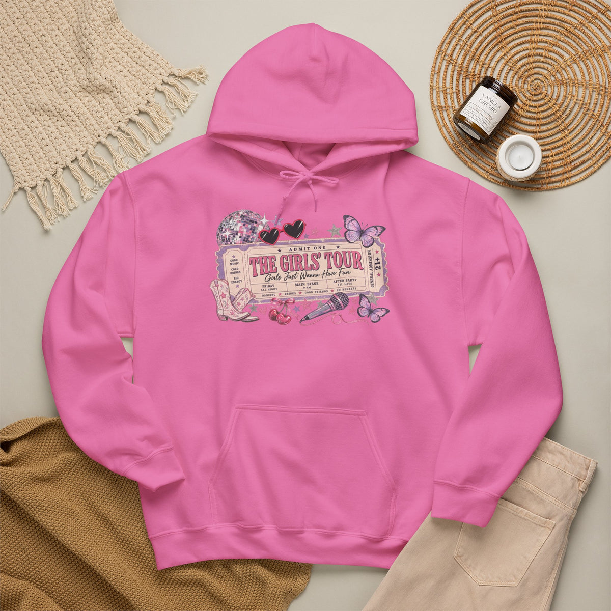 The Girls Just Wanna Have Fun Tour Ticket Graphic Hoodie | Butterfly Floral Ticket Sweatshirt