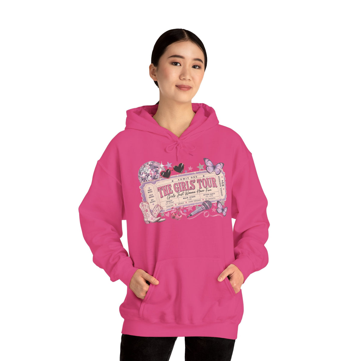 The Girls Just Wanna Have Fun Tour Ticket Graphic Hoodie | Butterfly Floral Ticket Sweatshirt
