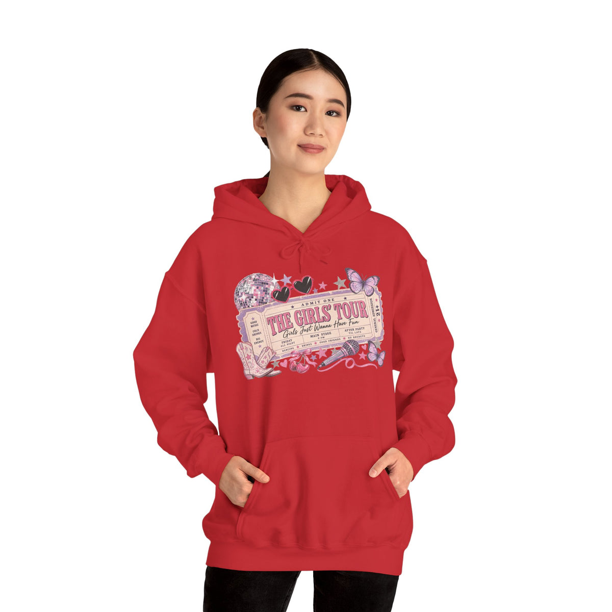 The Girls Just Wanna Have Fun Tour Ticket Graphic Hoodie | Butterfly Floral Ticket Sweatshirt