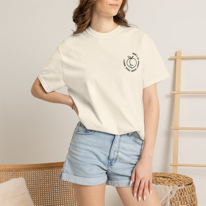 Don't Be Moody Grow Ya Booty T-Shirt | Funny Retro Script, Chest Peach Logo I