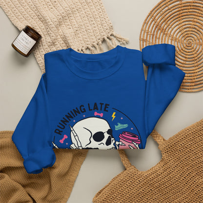 Running Late Is My Cardio sweatshirt | Skull Coffee Cup Illustration
