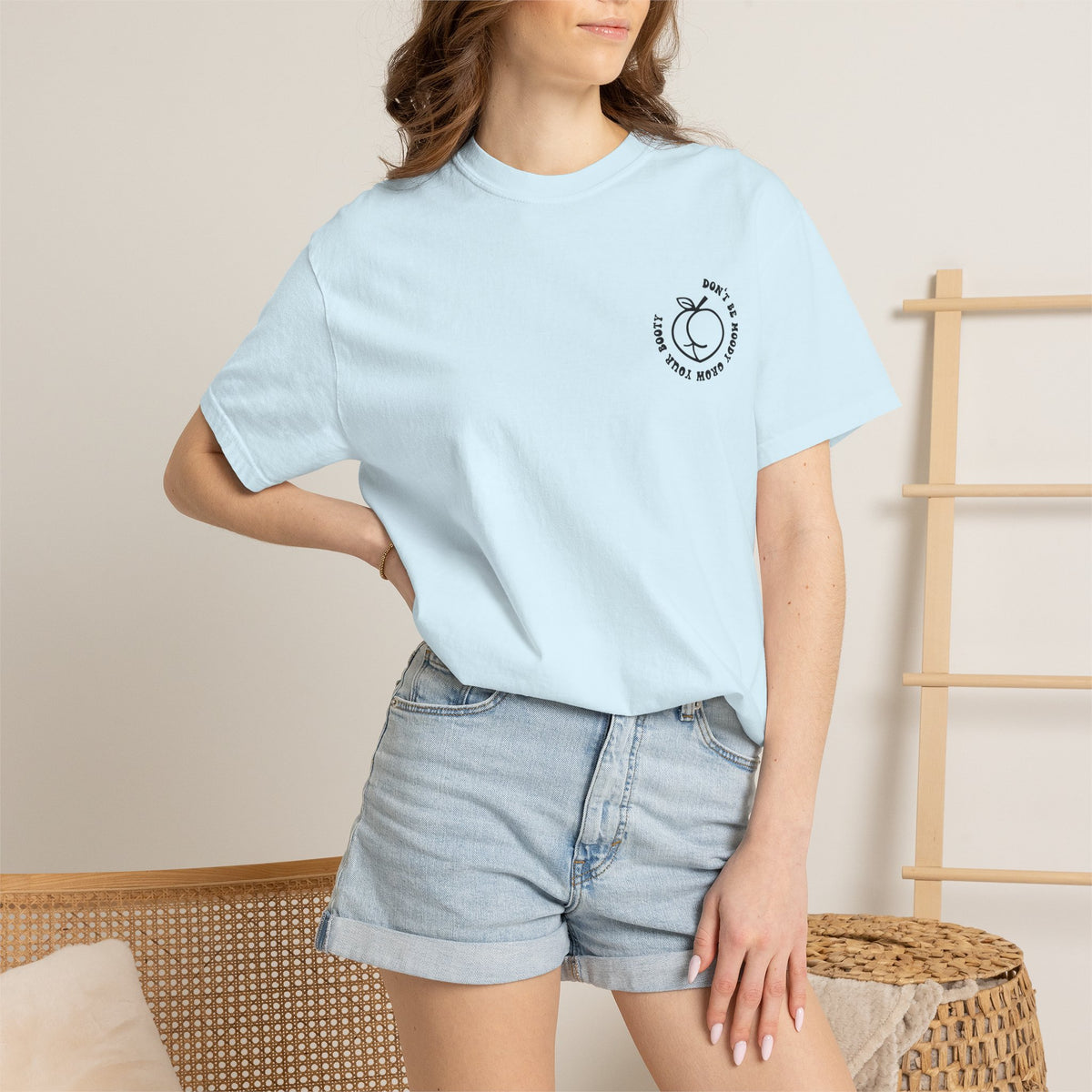 Don't Be Moody Grow Ya Booty T-Shirt | Funny Retro Script, Chest Peach Logo I