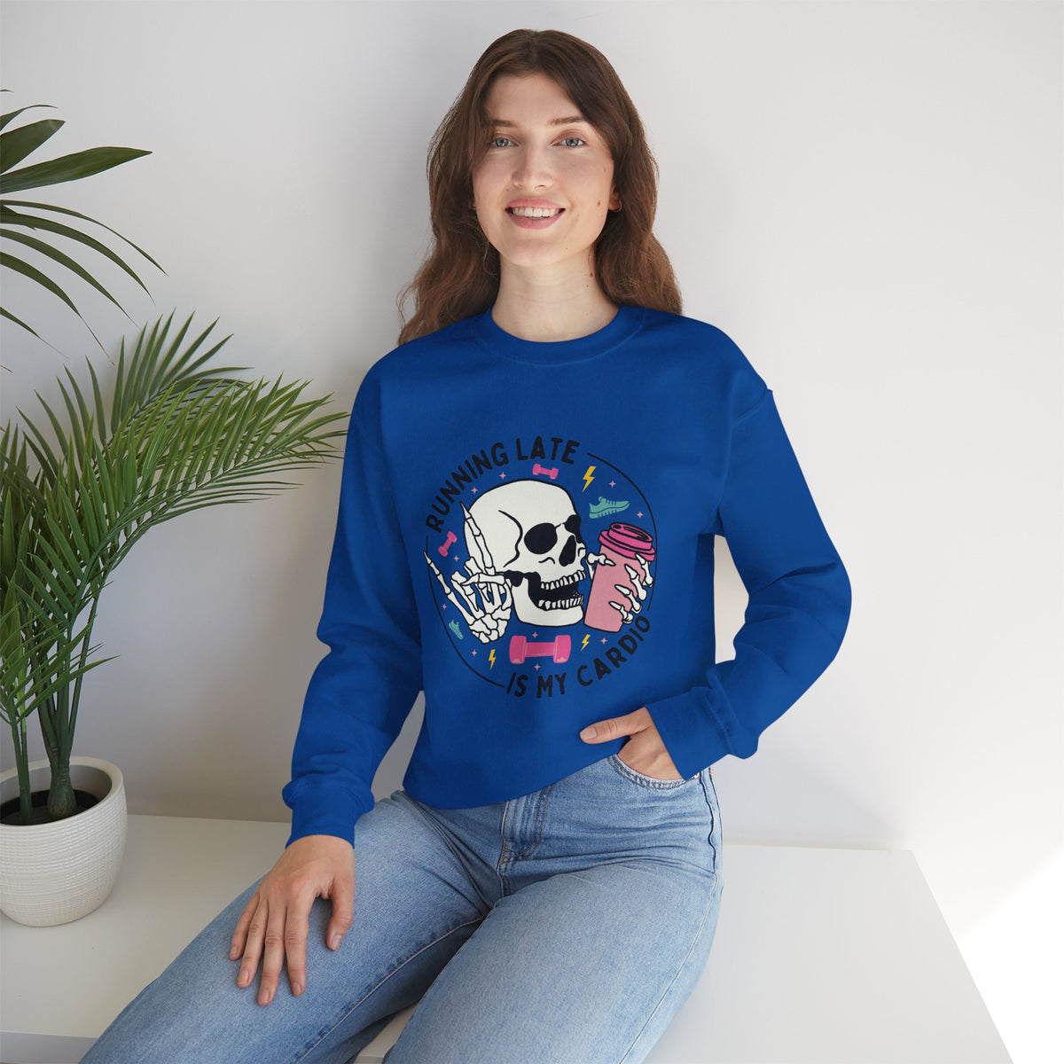 Running Late Is My Cardio sweatshirt | Skull Coffee Cup Illustration