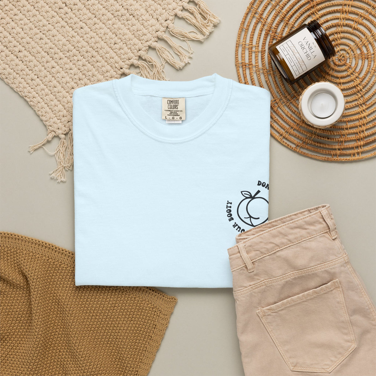 Don't Be Moody Grow Ya Booty T-Shirt | Funny Retro Script, Chest Peach Logo I