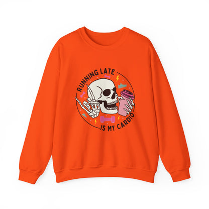 Running Late Is My Cardio sweatshirt | Skull Coffee Cup Illustration