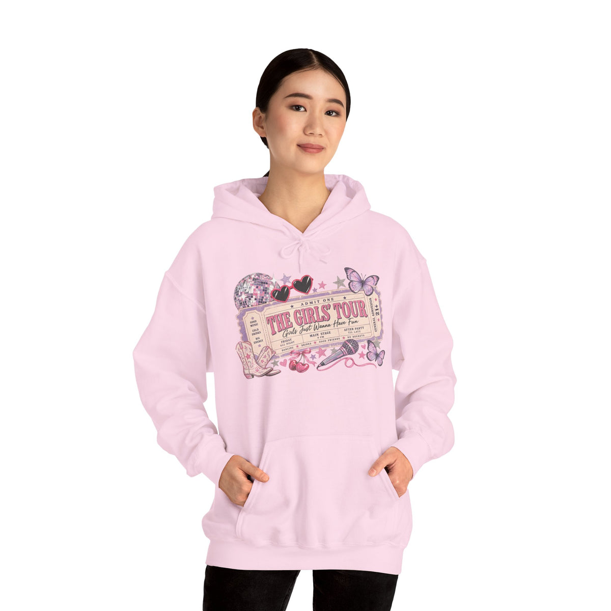 The Girls Just Wanna Have Fun Tour Ticket Graphic Hoodie | Butterfly Floral Ticket Sweatshirt