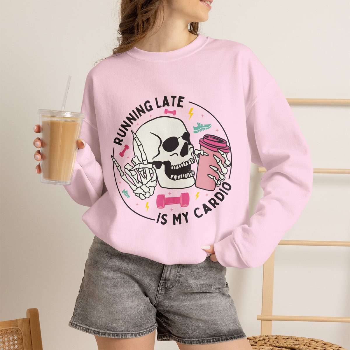 Running Late Is My Cardio sweatshirt | Skull Coffee Cup Illustration