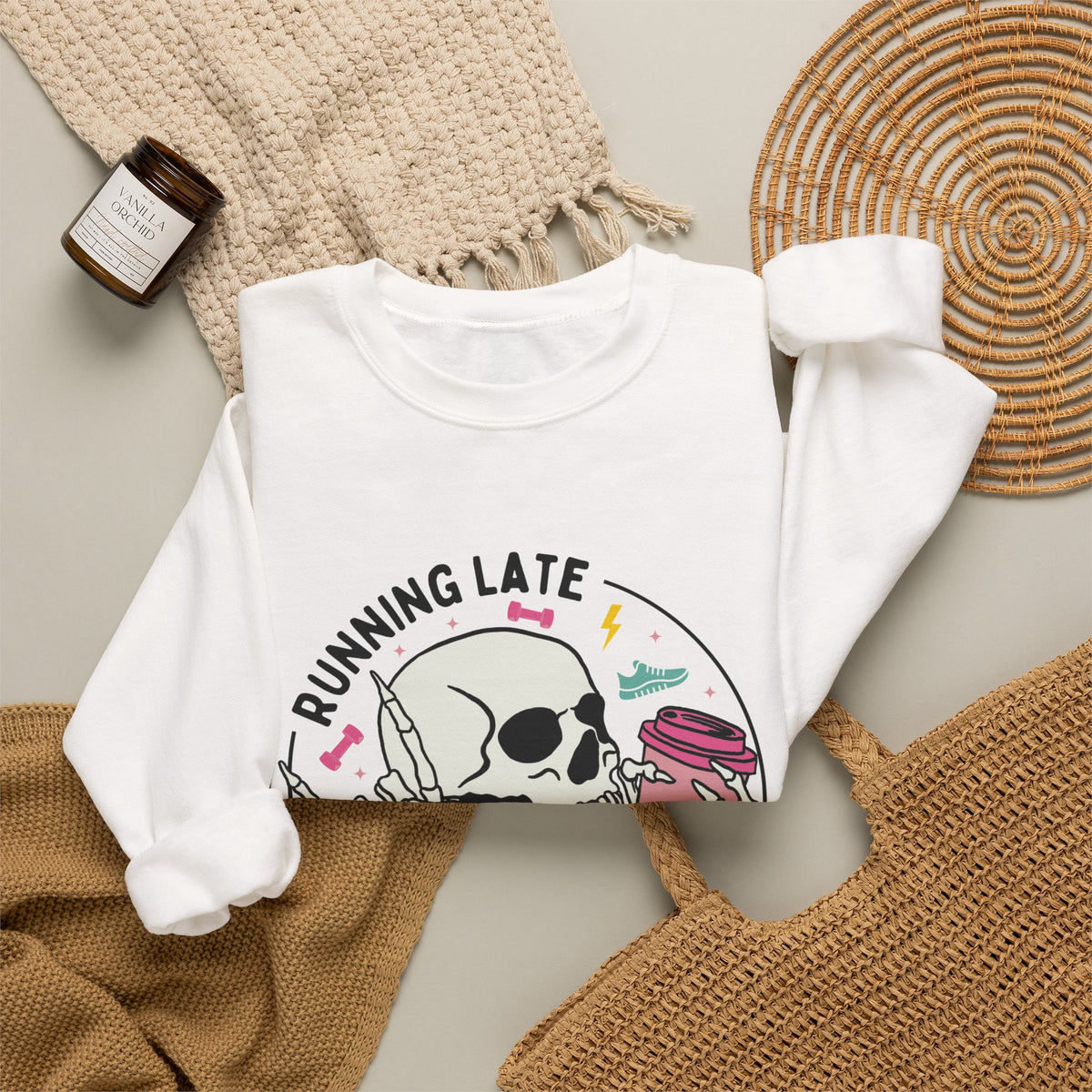 Running Late Is My Cardio sweatshirt | Skull Coffee Cup Illustration